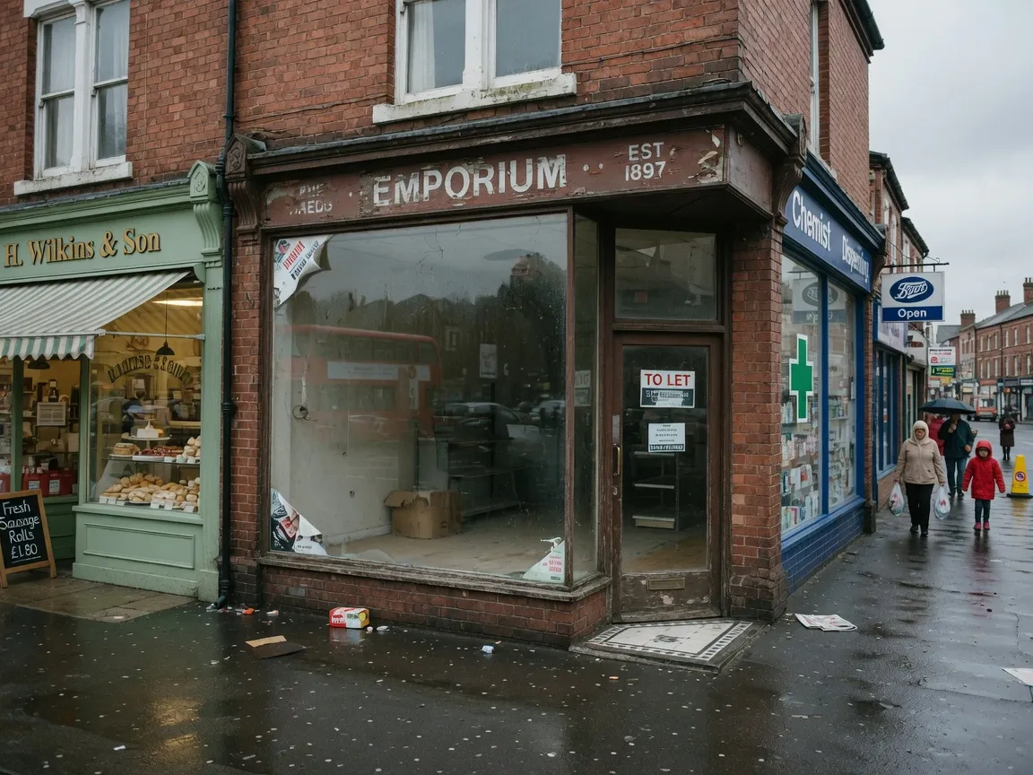Empty high-street shop unit to let, between a baker and a chemist