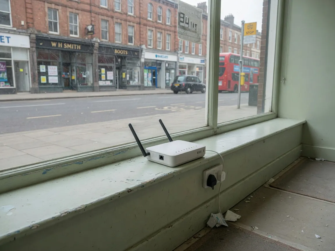 A 4G router on the windowsill of an empty shop looking out onto a high street