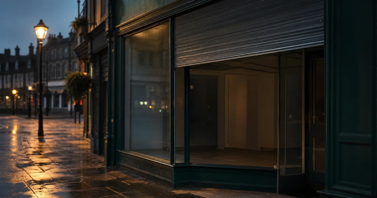 An empty British high-street commercial unit at dusk, dark forest-green shopfront with a half-raised shutter and a To Let board, warm streetlamp light on wet pavement