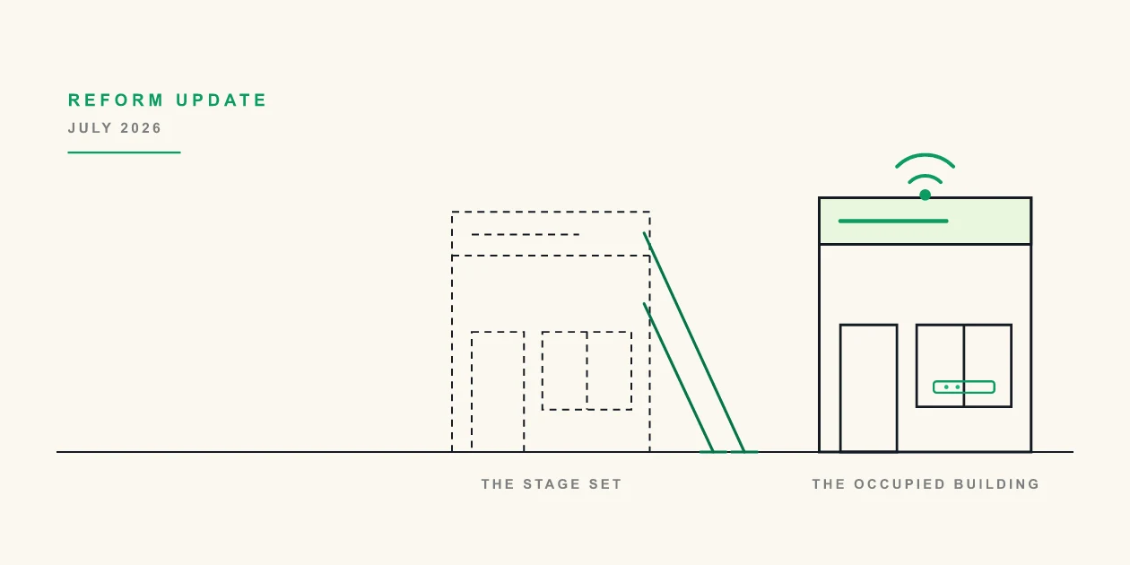 Illustration of a stage-set shopfront propped up from behind, beside a genuine occupied commercial unit on a high street